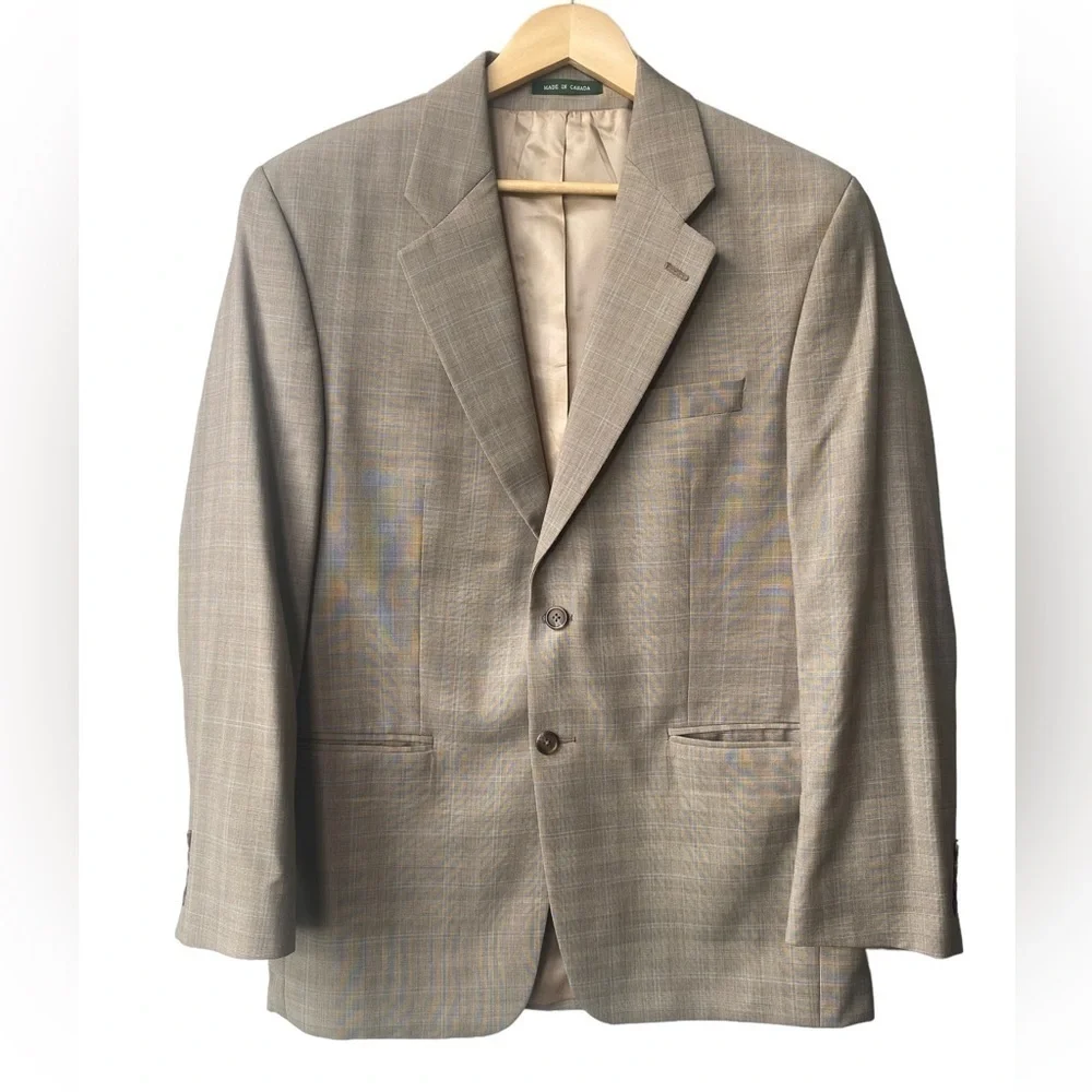 Lauren Ralph Lauren 100% Wool Executive Suit Beige Windowpane‎ Coat Size 40 R